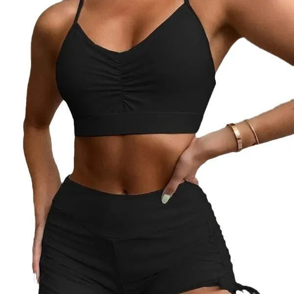 Women's high waist split bikini set in purple and black with nylon spandex lining for swimming