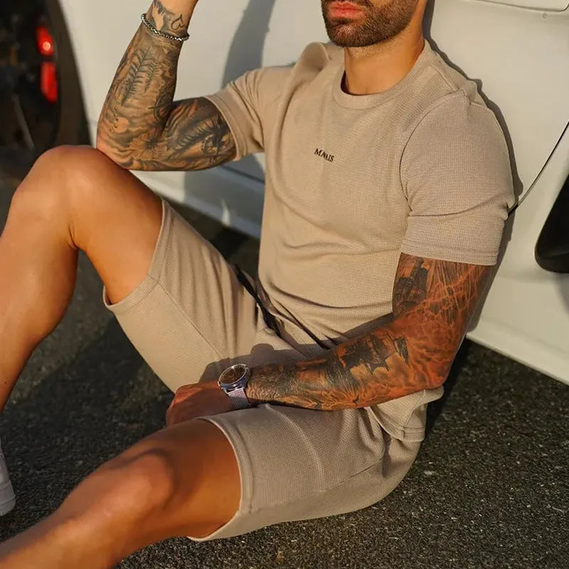 Men's cotton blend t-shirt and shorts sports suit in grey, black, army green, or camel, sizes S to XXXL