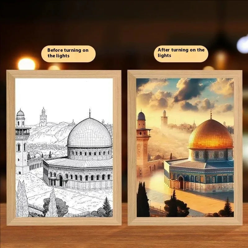 Handmade rectangular LED photo frame displaying a cross redemption garden sea home light painting artwork.