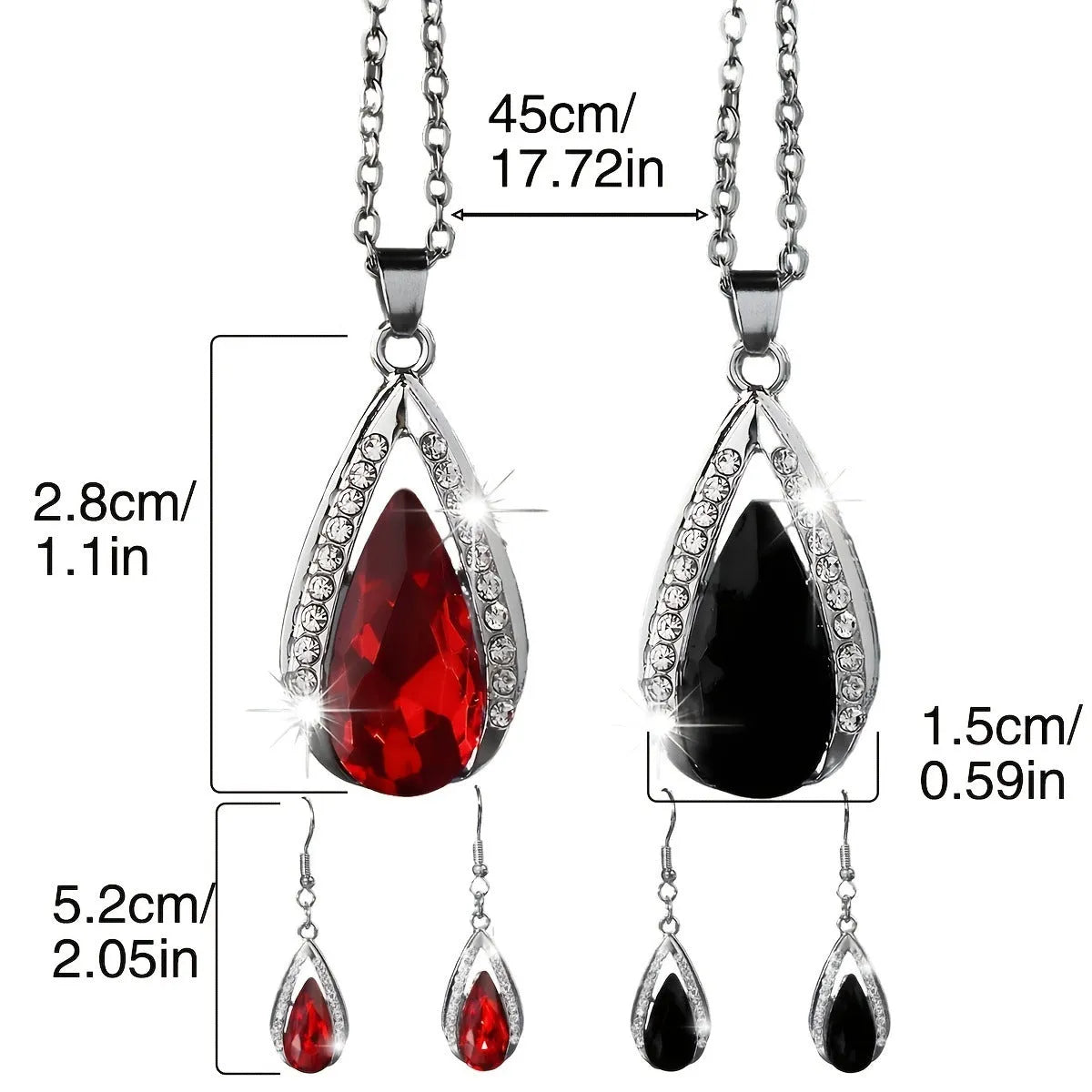 Black and red teardrop glass pendant necklace and matching earrings jewellery set