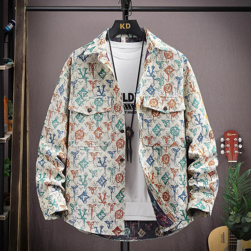 Men's casual lapel shirt coat jacket in polyester fabric with straight hem design.