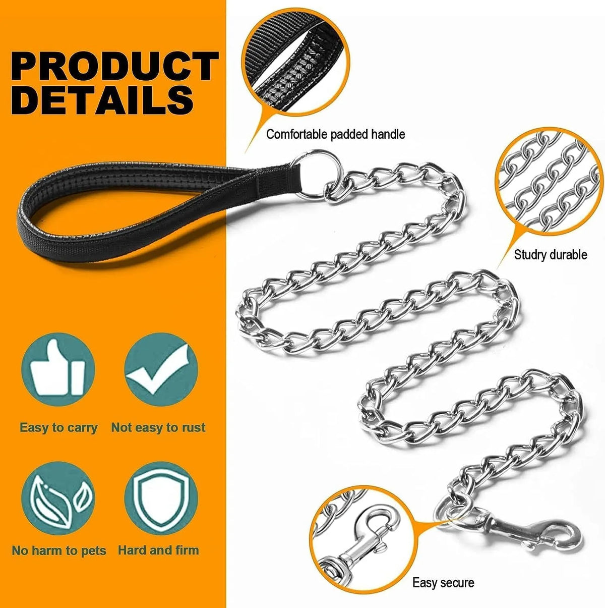 Heavy duty metal dog chain leash with soft black padded handle for large dogs