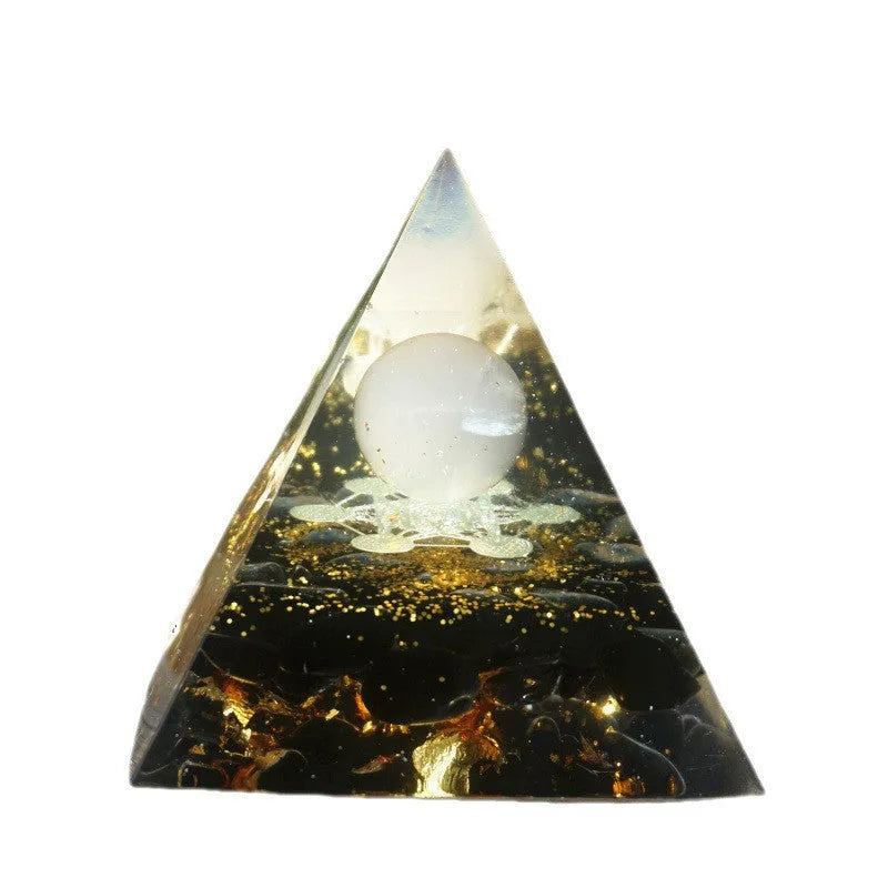 6cm resin pyramid decoration with embedded natural crystal gravel in geometric energy tower design