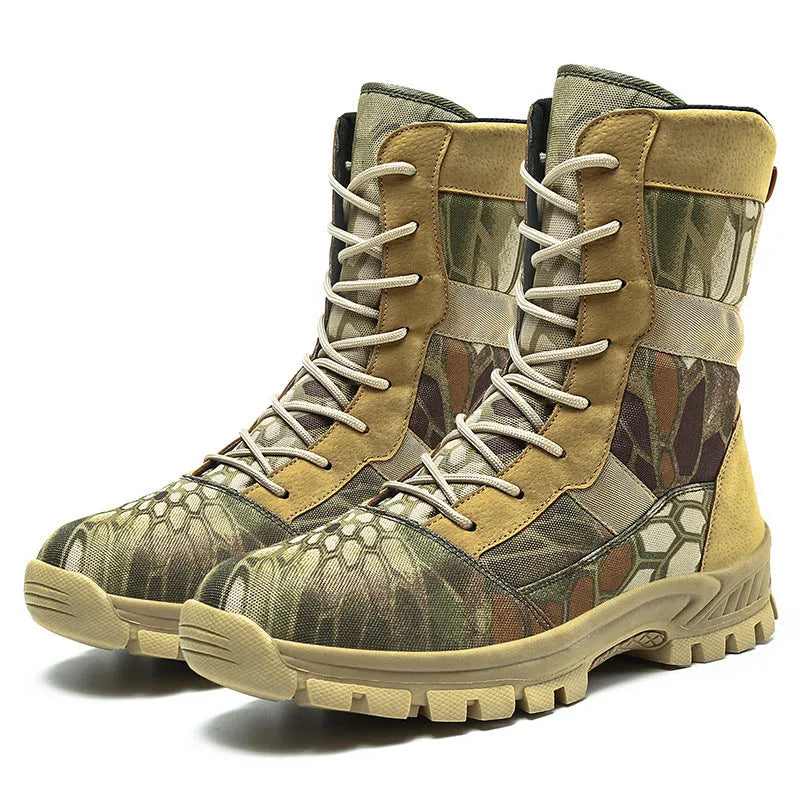 Men's black and camouflage high-top Martin boots with mesh upper and totem design in sizes 39-46