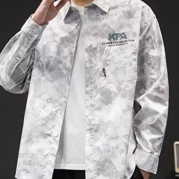 Men's Japanese-style retro camouflage long sleeve linen shirt in army green or white, sizes M to XXXL