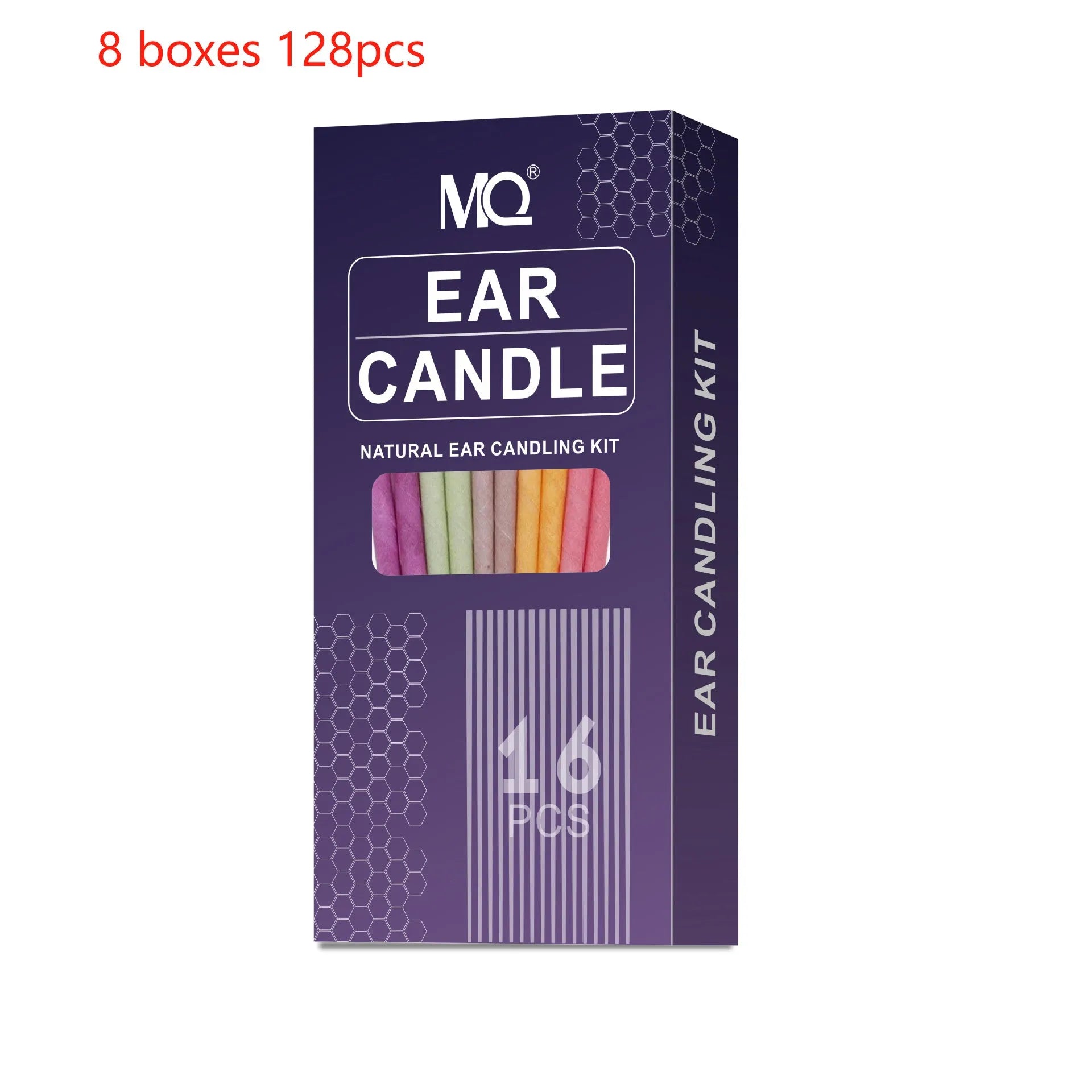 MQ Horn ear candles kit showing cotton cloth candles, protection boards, and cotton swabs in assorted colours.