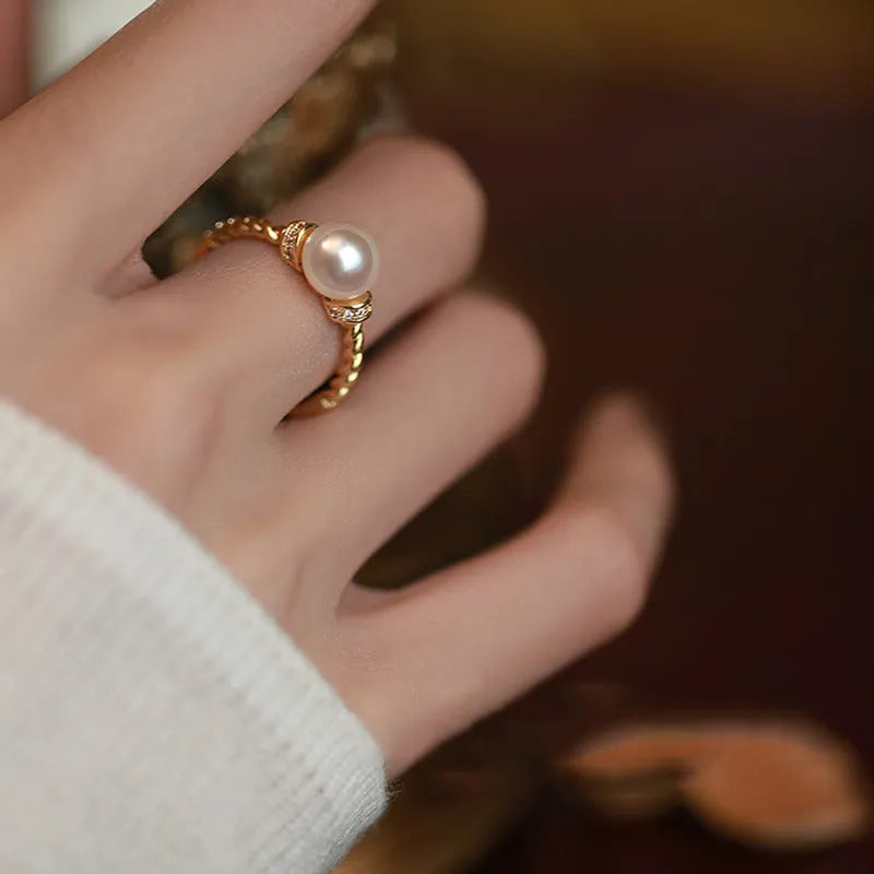 Copper geometric ring with antique twist design and pearl inlay in gold silver colour options