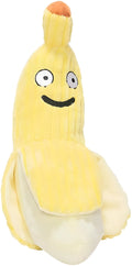 Yellow banana-shaped cat crinkle toy measuring 13 inches long with plush material