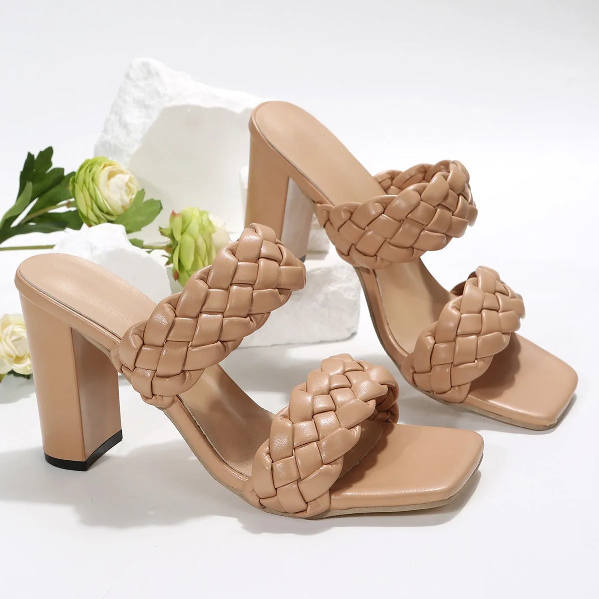 White square toe flip-flops with chunky heel and woven twisted PU upper on a rubber sole.