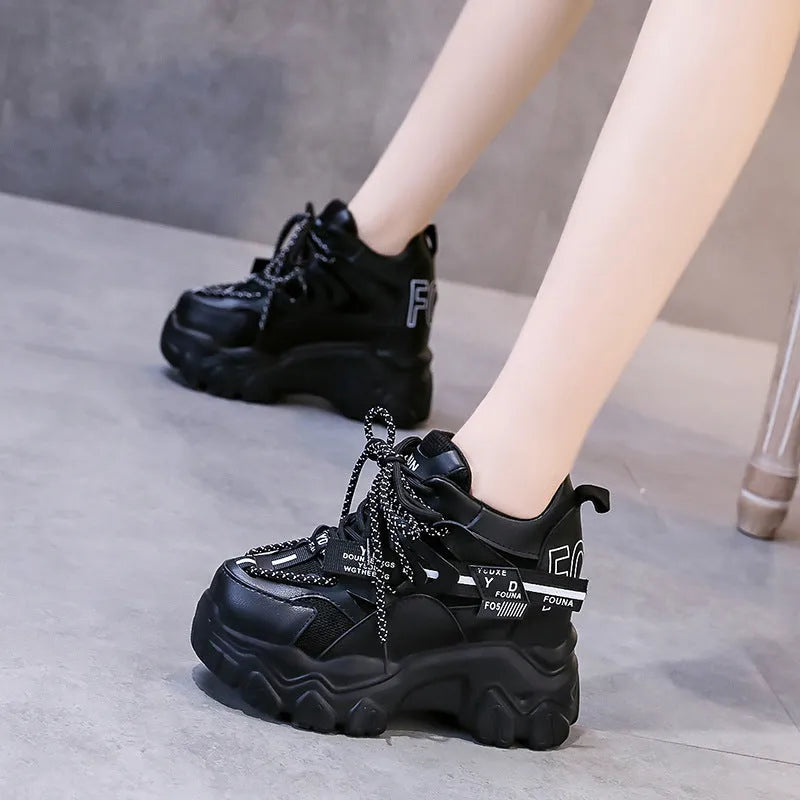 Women's white mesh platform sports shoes with cross-strap and rubber sole