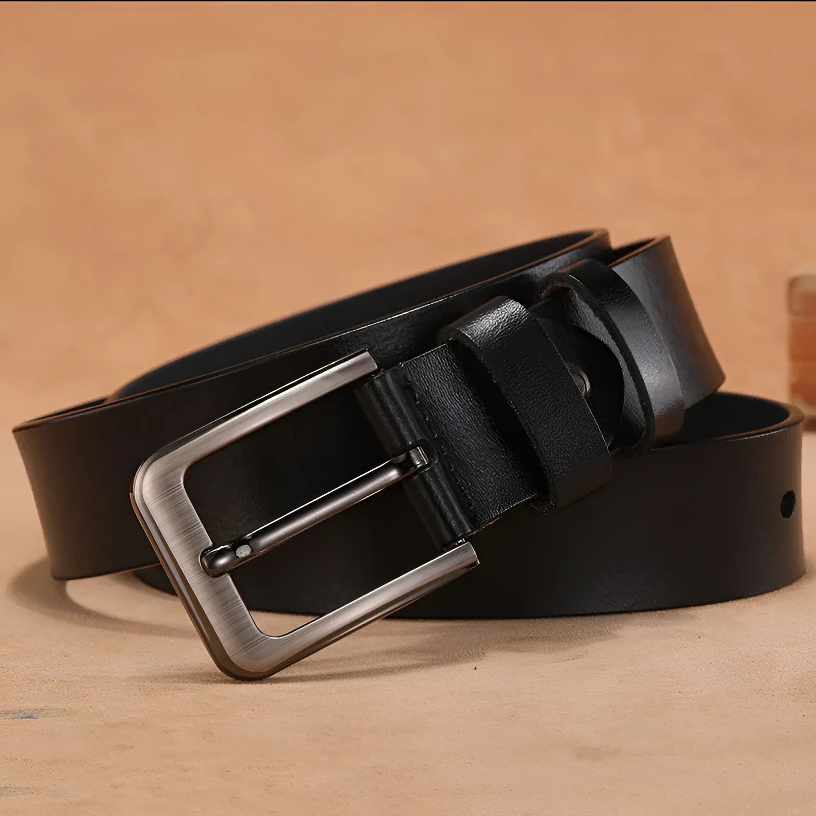 Men's black casual jeans belt with a square silver-tone alloy pin buckle on a brown strap.