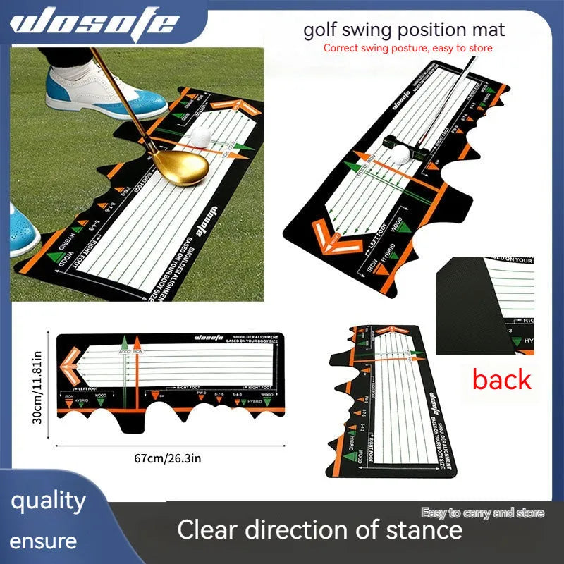 Black neoprene golf swing posture aid mat on grass, showing its compact size and alignment markings.