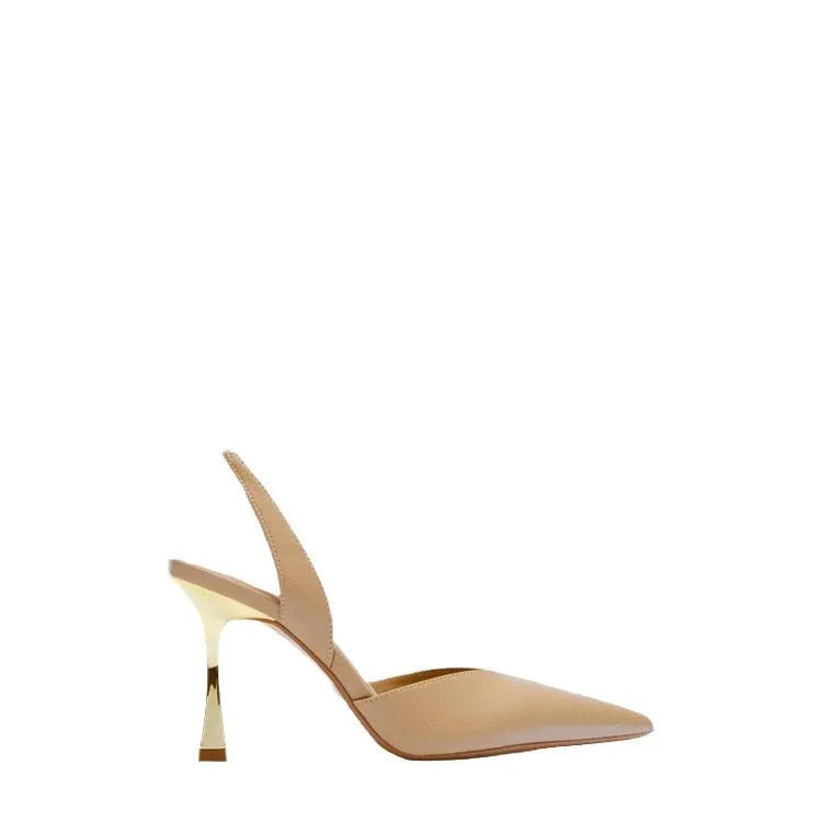 Women's nude pointed patent leather high heels in apricot and black colours with shallow mouth design