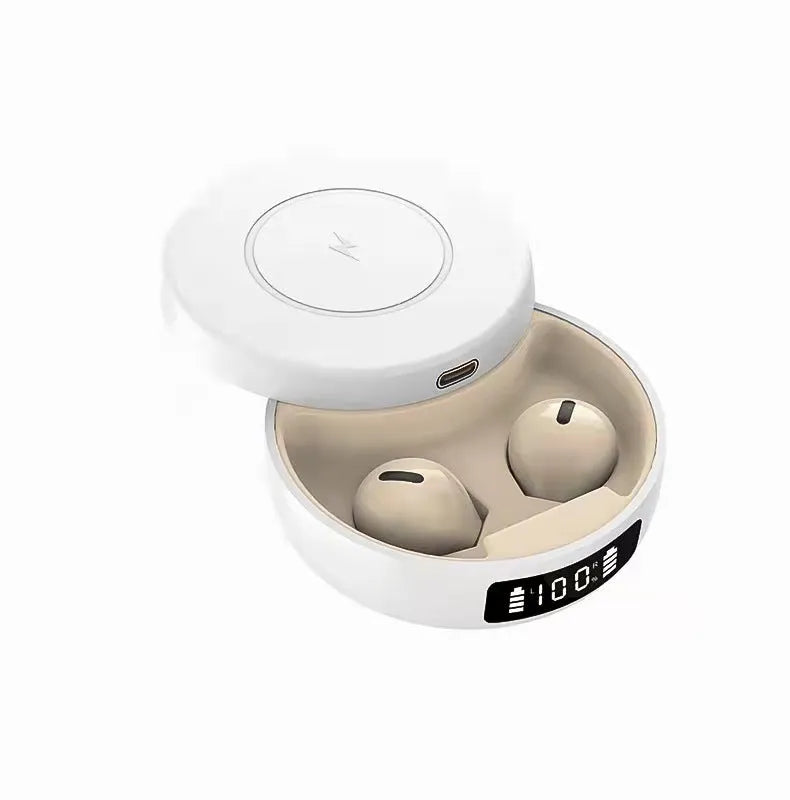 Mini semi-in-ear wireless headphones with charging case showing battery display in black or white