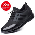 Men's black casual height increasing sneakers in leather, mesh, and Lycra options with low-top round toe design.