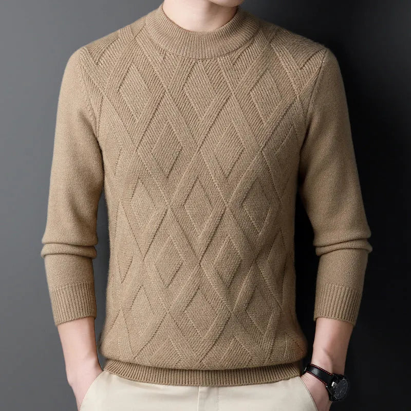Men's diamond jacquard winter thermal sweater in wool blend fabric shown in light camel colour
