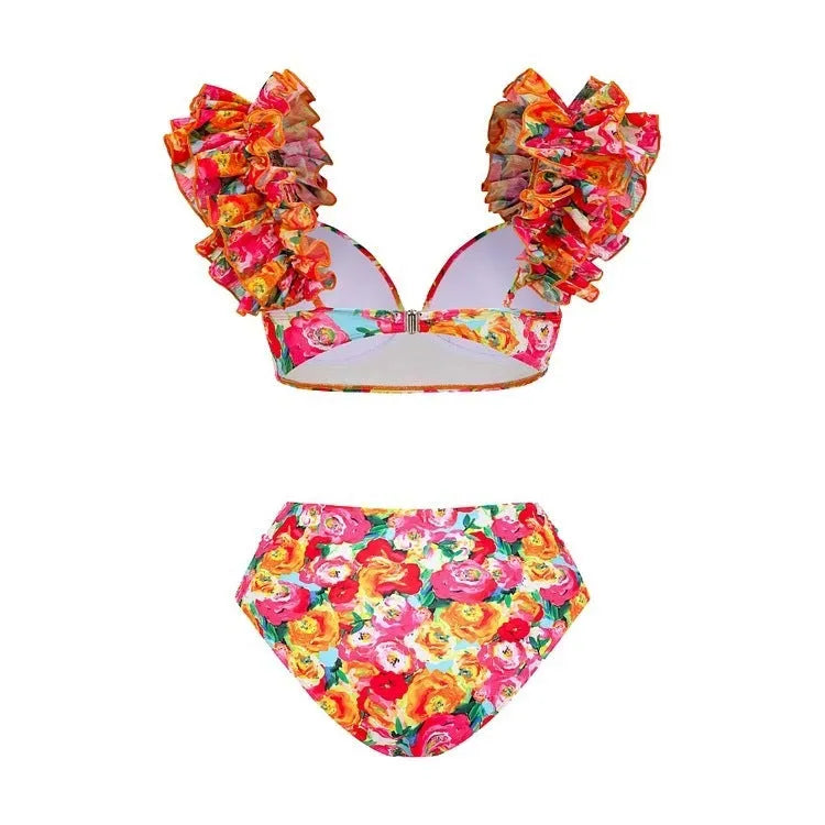 Women's floral print push up bikini swimsuit with high waist split design in two-piece set configuration