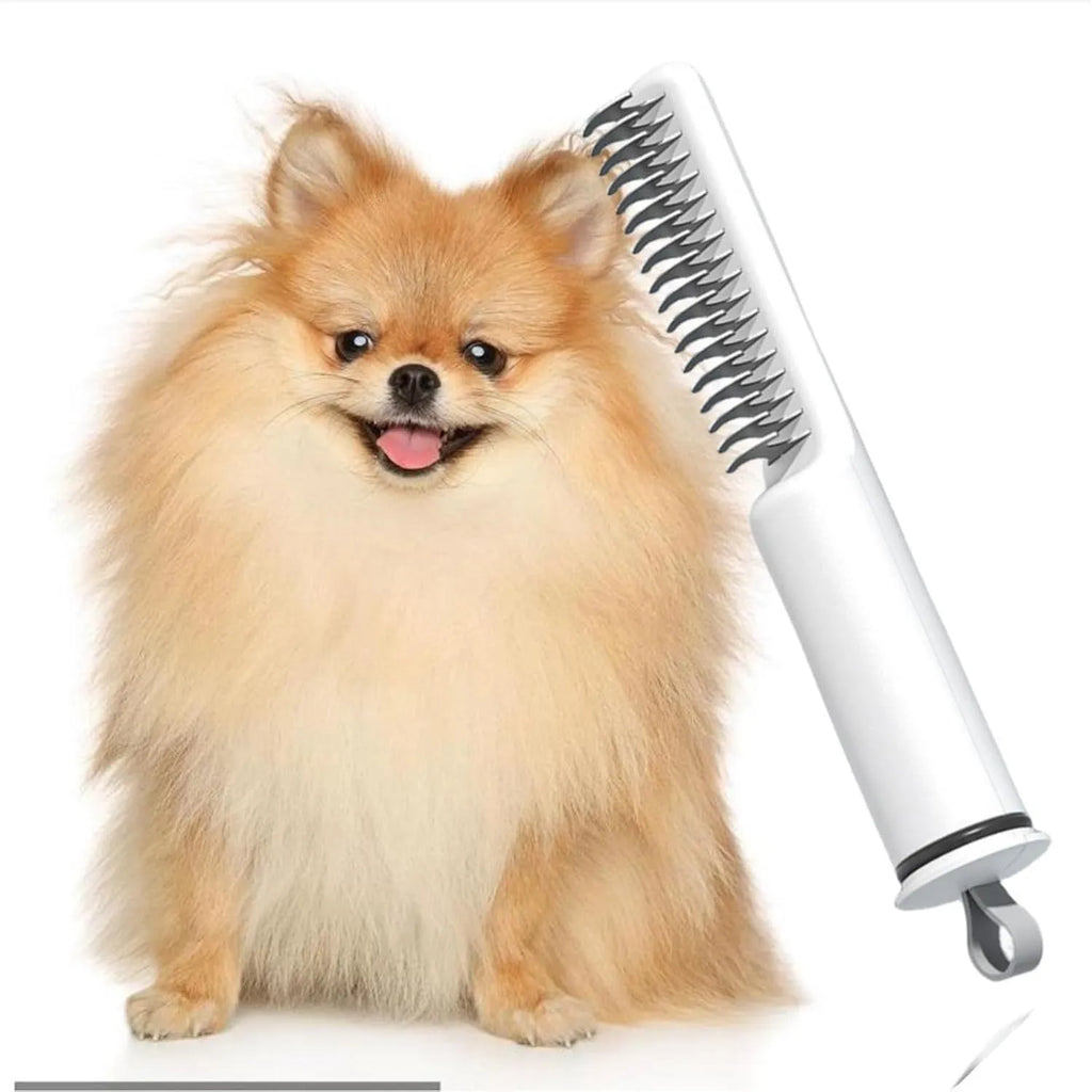 Stainless steel dog dematting comb with handle in pink or white, 18.8 cm long