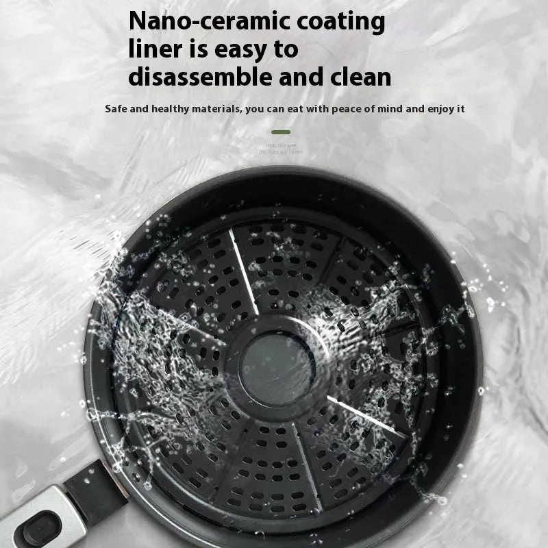 8-litre visible air fryer oven with mechanical buttons and nano-ceramic interior on a kitchen countertop.