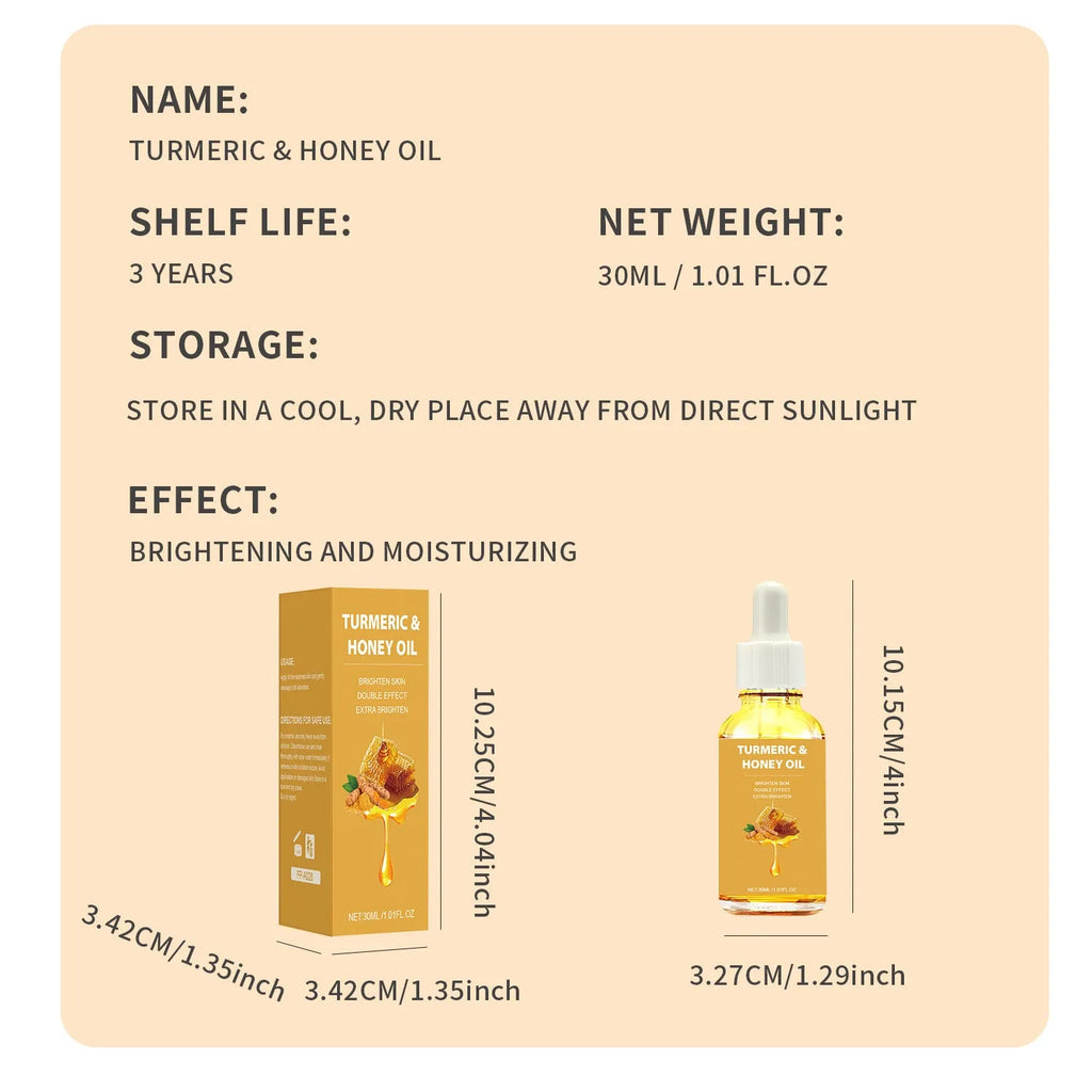 30ml bottle of turmeric honey essential oil with neutral packaging and FP-A028 specification