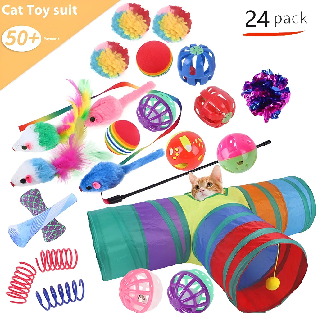 Plastic cat toy set with interactive tunnel and colourful accessories for indoor feline play