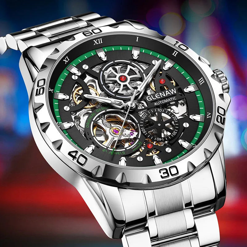 Silver double-sided hollow-out automatic mechanical men's watch with luminous dial and stainless steel strap