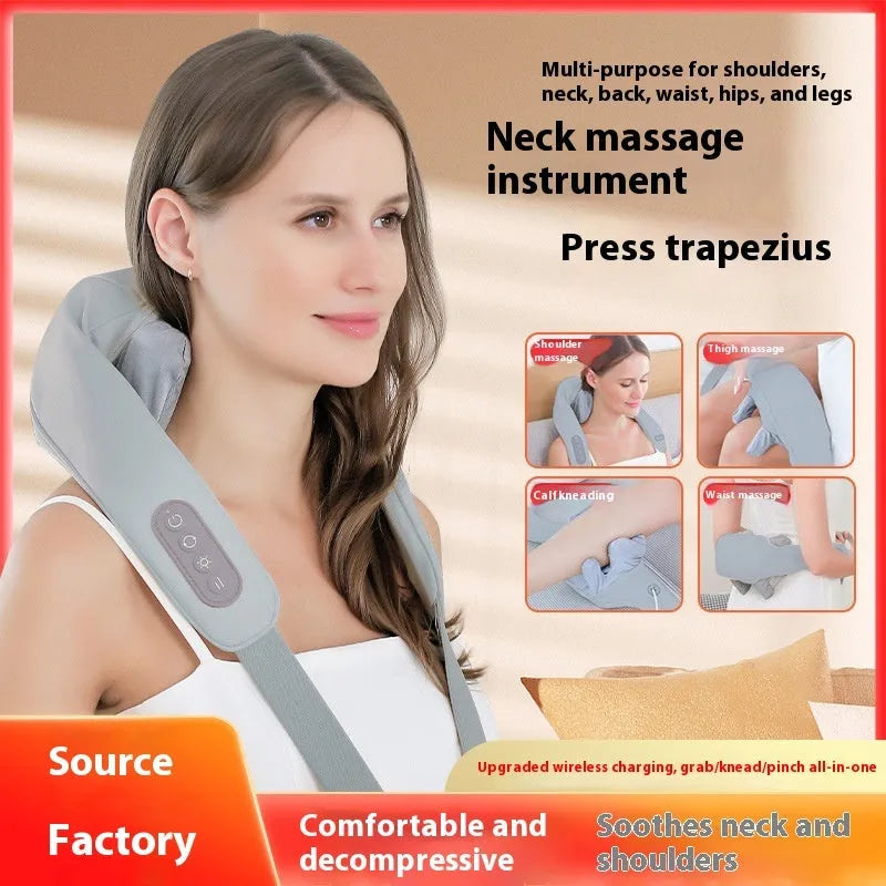 Gray portable USB rechargeable neck and back massager with elastic fabric construction.