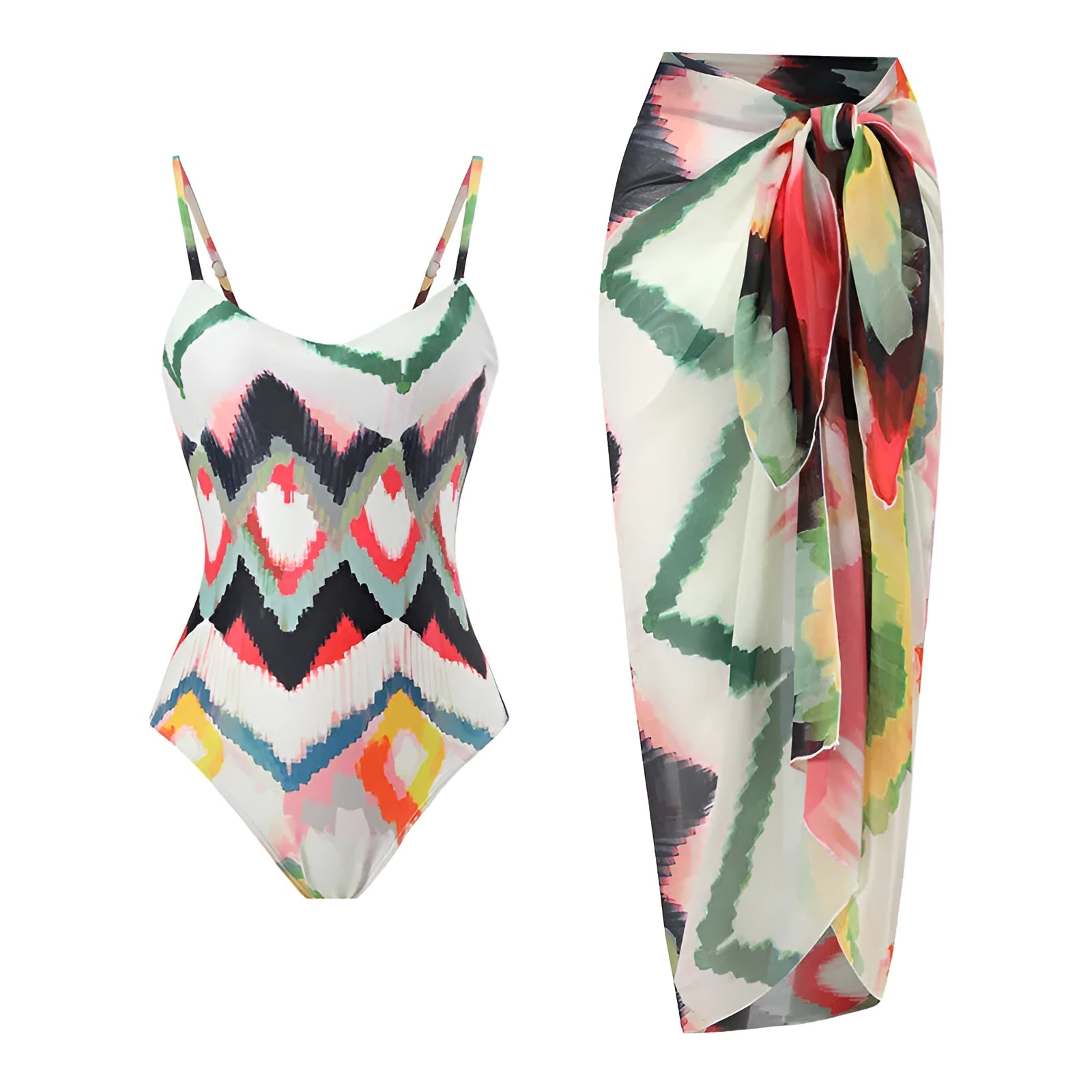 Women's two-piece swimsuit set with matching hip skirt in striped and gradient patterns