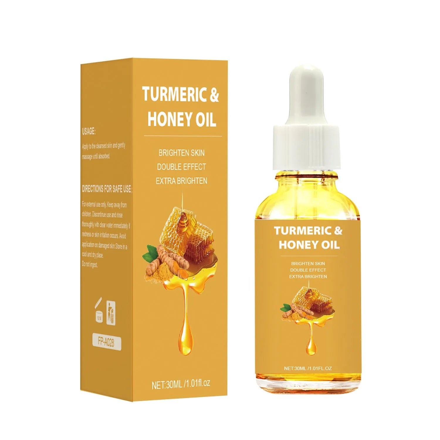 30ml bottle of turmeric honey essential oil with neutral packaging and FP-A028 specification