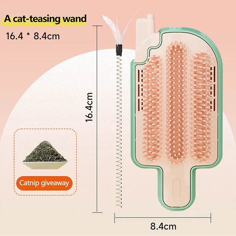Ice cream cone shaped cat toy with mint ball and feather attachments on textured rubbing corner