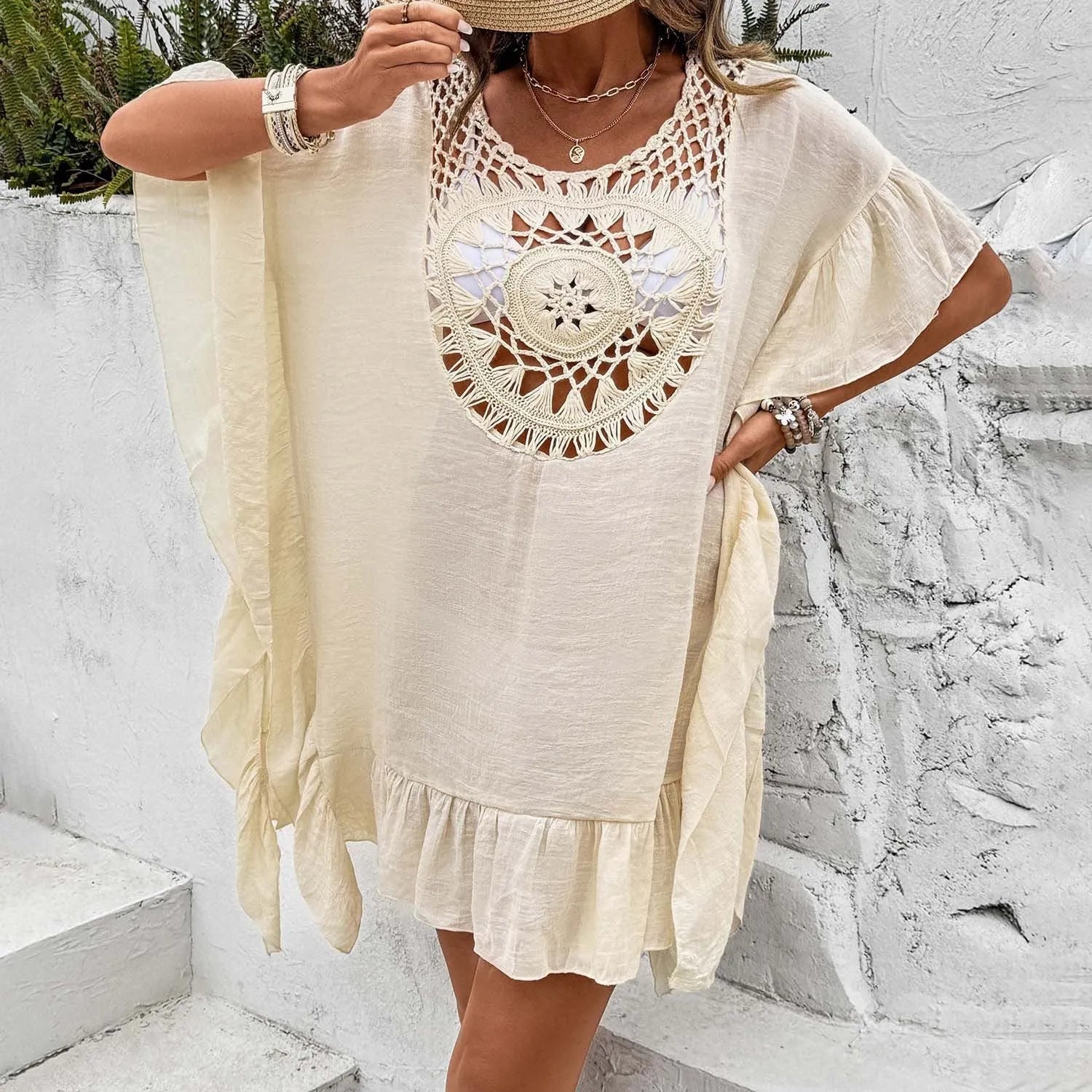 Crochet stitch detail on a patchwork skirt beach dress swimsuit cover-up.