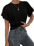 Knitted pullover sweater with twisted string pattern and ruffled short sleeves in loose fit