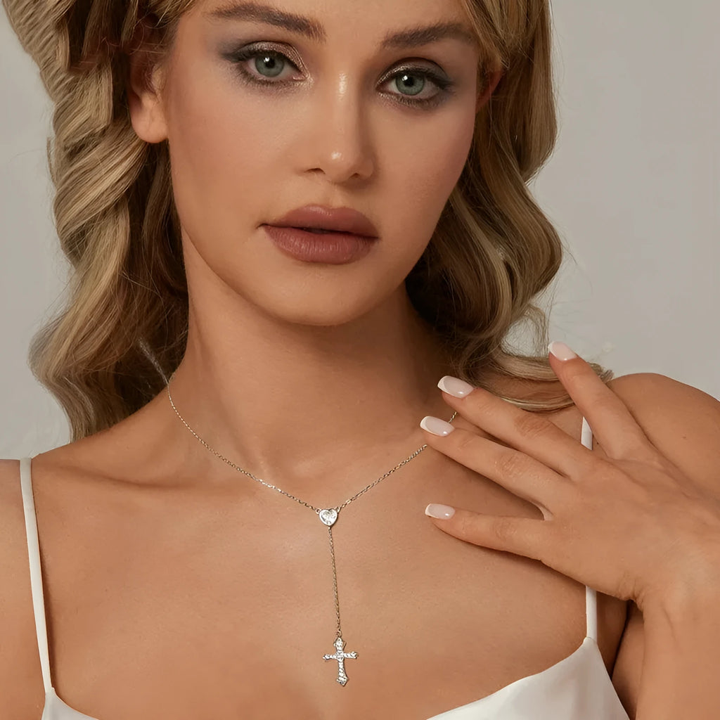 Women's 925 silver V-neck love cross necklace with O-ring chain in colour BSN384