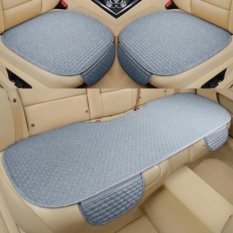 Linen plaid car seat cushion with hemmed edges in charm coffee colour on a car seat.