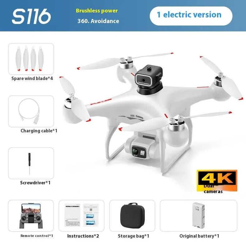 S116 brushless UAV drone with four-side obstacle avoidance and HD camera in black or white colour options