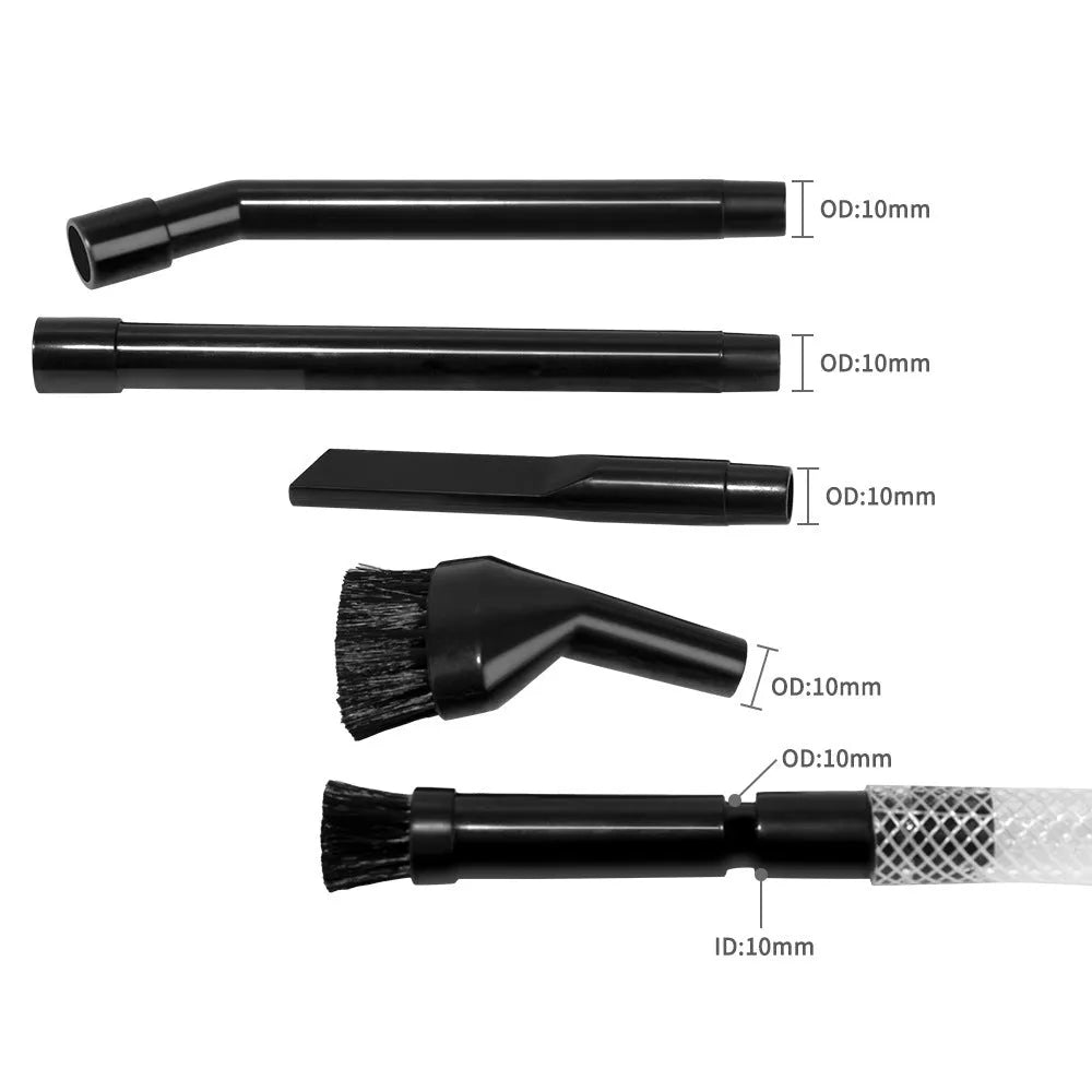 Eight different vacuum cleaner suction head attachments laid out showing various designs for specialised cleaning