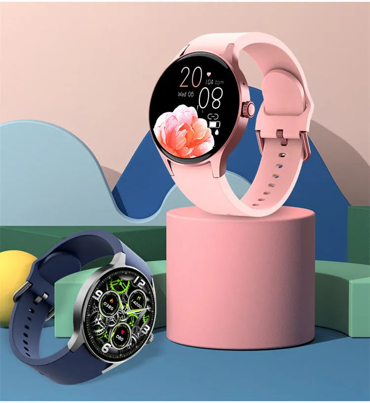 Black smart sport watch with 46mm round case and 1.43-inch touch screen on a wrist