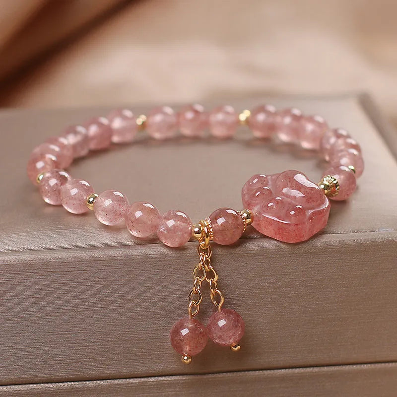 Double layer strawberry quartz bracelet with lucky cat charms and red cat's eye flower beads
