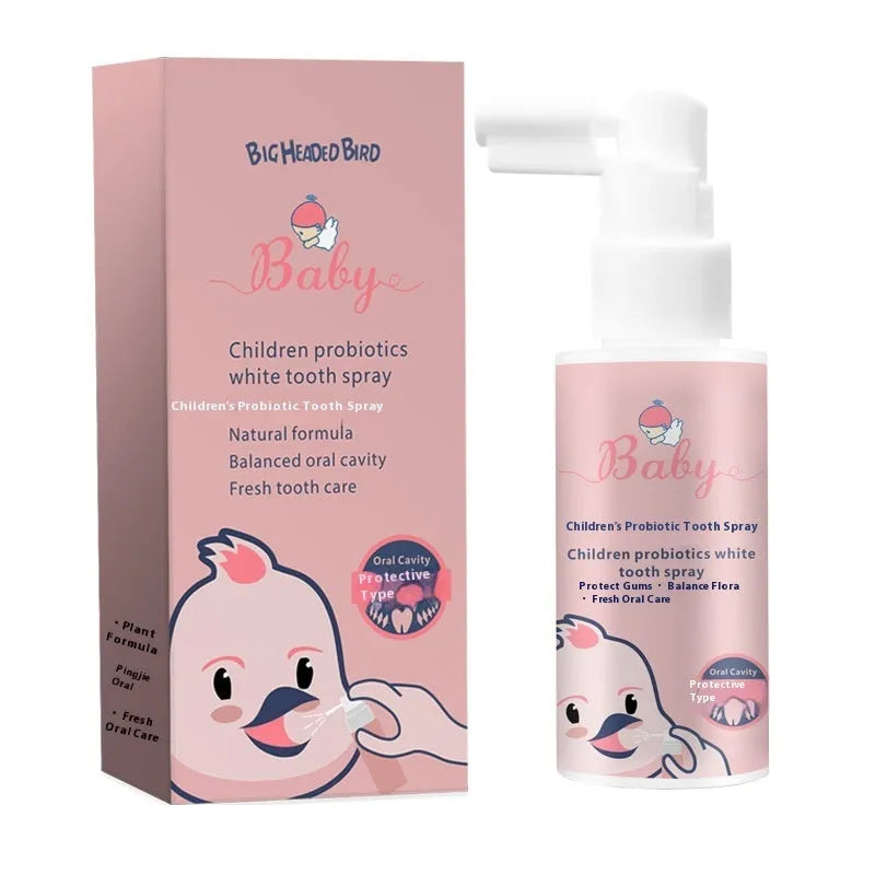 Children's probiotic teeth whitening spray bottle in strawberry and orange flavours