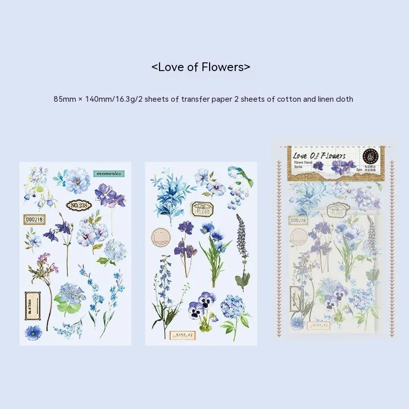 Huazhisen art sticker material pack showing printed transfer paper and cotton linen sheets in forest and romantic designs.