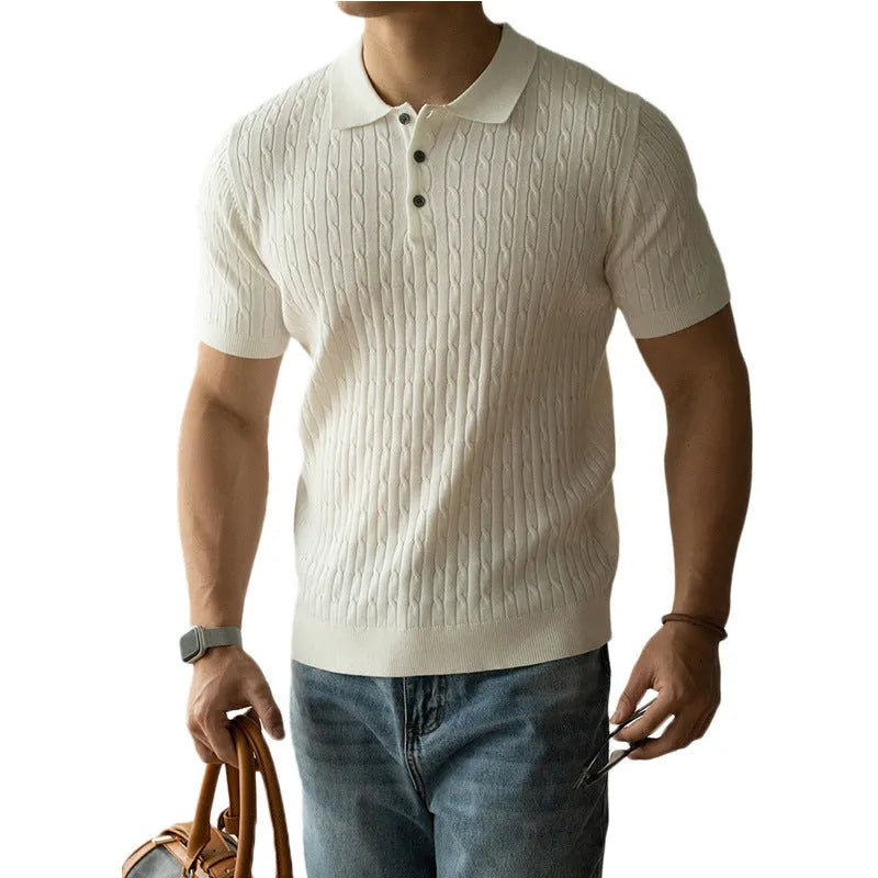 Men's khaki short-sleeve business top on a hanger.