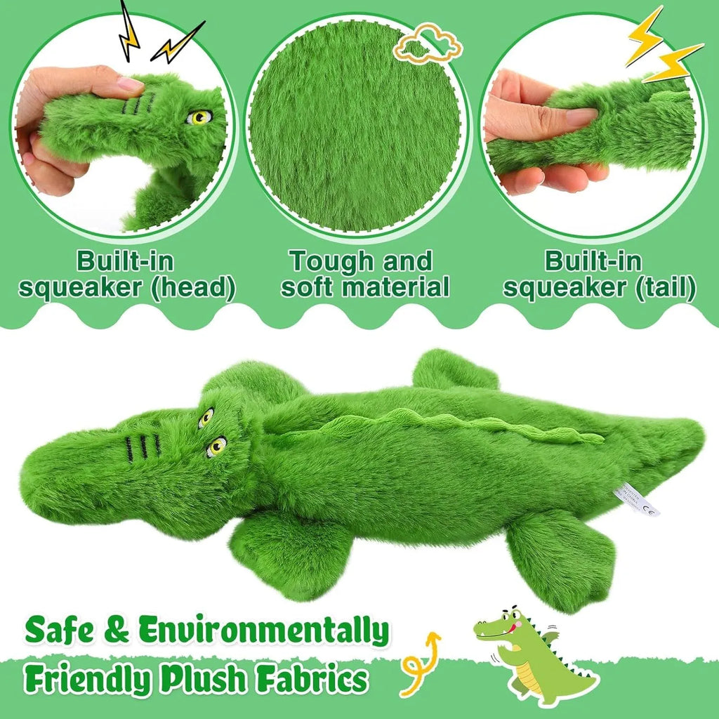 Green crocodile-shaped plush dog chew toy with no stuffing for aggressive chewers