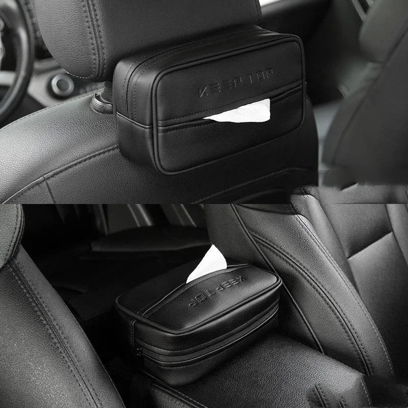 Black leather car hanging storage box with open top, shown next to a beige medium-sized version.
