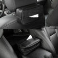 Black leather car hanging storage box with open top, shown next to a beige medium-sized version.