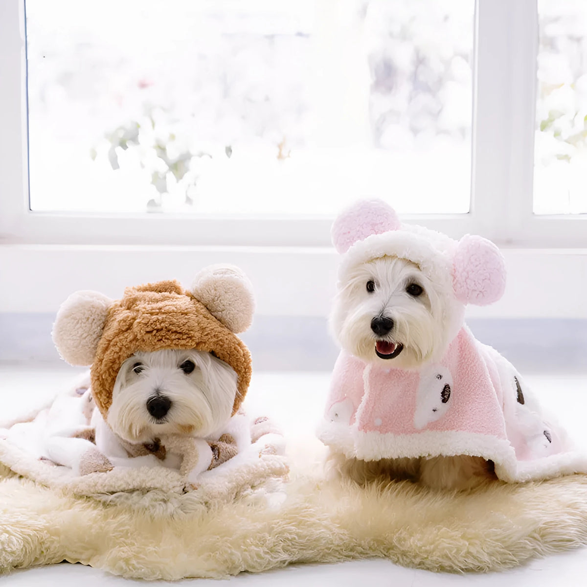 Coral fleece dog cloak robe in brown or pink, bear cloak style, sizes S M L for 1.5kg to 10kg dogs