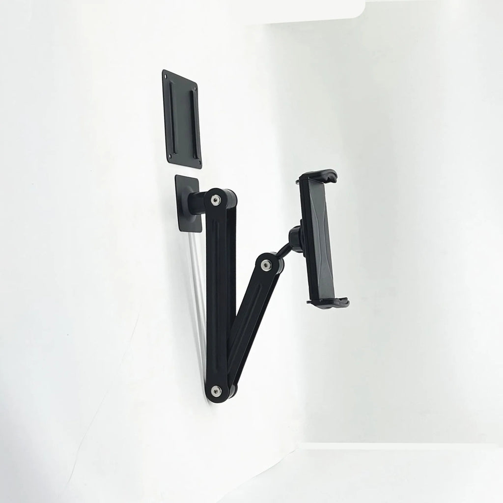 Universal alloy wall rack for tablet and large mobile phone, shown as a wall hanging bracket for home or office use