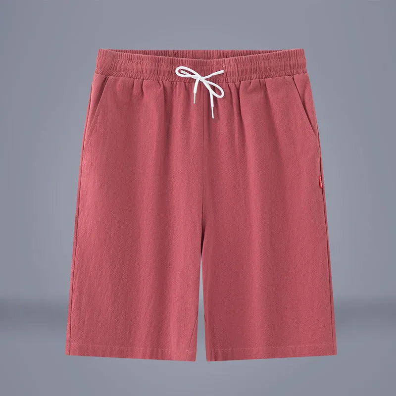 Cotton linen cropped summer trousers in a solid colour with a drawstring waist, shown in a casual Chinese-style fit.