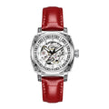 Mechanical watch with luminous hands and a leather strap, shown in various dial colour options.