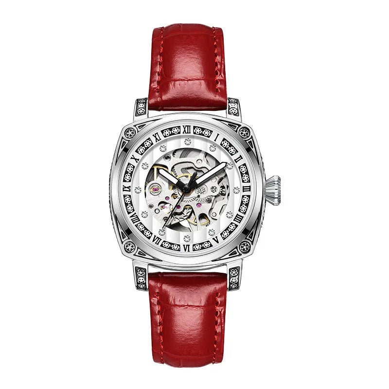 Mechanical watch with luminous hands and a leather strap, shown in various dial colour options.