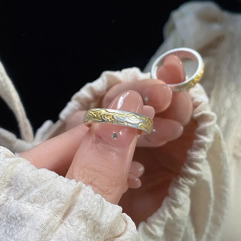 Traditional Xiangyun pattern white copper ring with electroplated silver gold finish and open mouth geometric design